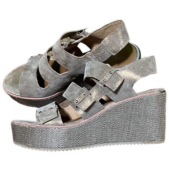 Donald Pliner Size 9 Iris Leather Raffia Platform Wedge Sandal Metallic - Picture 5 of 10